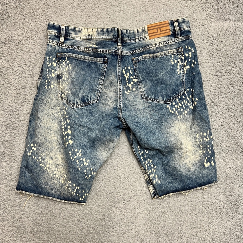 Jordan Craig Jeans Shorts Mens 40 Blue Distressed Denim Bleach Splatter Ripped - Picture 2 of 10